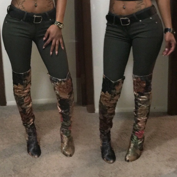 printed thigh high boots